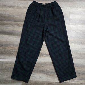 Talbots 100% Wool Pants Black Watch Plaid Trousers XS 2 4 High Waist Green Blue